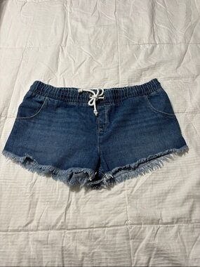 Roxy Dark Blue Denim Frayed Hem Drawstring Shorts
